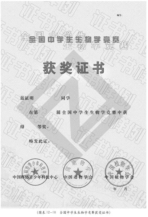 全国中学生生物学竞赛获奖证书